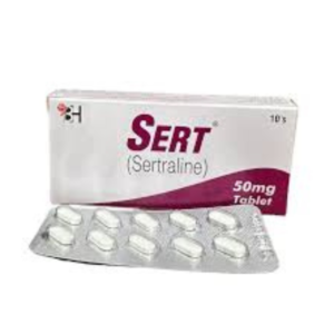 Sert Tablets 50mg (Sertraline) tablet box with blister pack of white tablets.
