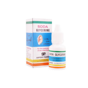 soda glycerin ear Drops 10ml bottle and box by Sapient Pharma, used for the treatment of ear infections, product image with white background.