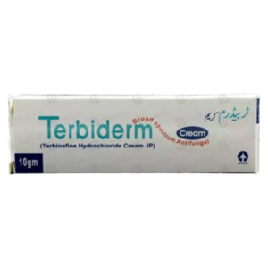 Terbiderm Cream 10g antifungal terbinafine hydrochloride cream tube packaging for skin fungal infection treatment.