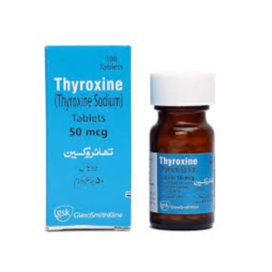 Thyroxine Tablets 50mcg bottle and packaging by GSK containing thyroxine sodium tablets for thyroid hormone treatment.